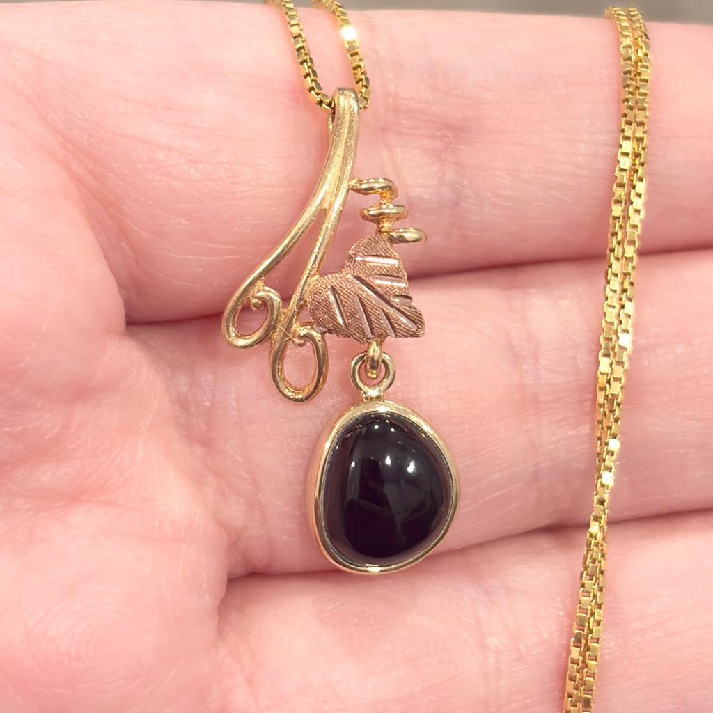 Vintage 10k Black Hills Gold Onyx Pendant: 12k Rose Gold Leaf Floral Dangle